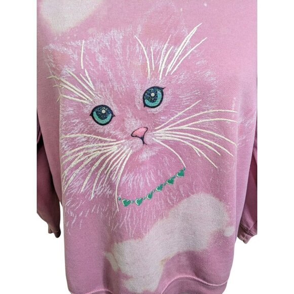 Vintage Womens Large Sweatshirt Kitty Cat Face Powder Pink Sparkle Puffy Paint - Picture 2 of 12
